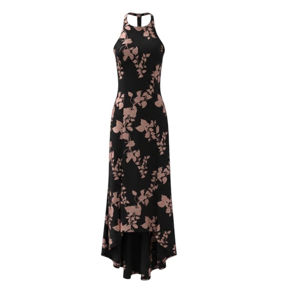 Black & Blush Floral High-Neck Maxi Dress